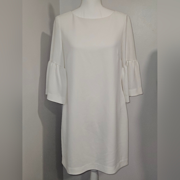 Sail to Sable Dresses & Skirts - Sail to Sable Elegant Crisp White Bell Sleeve Midi Dress Gold Accents Size 10